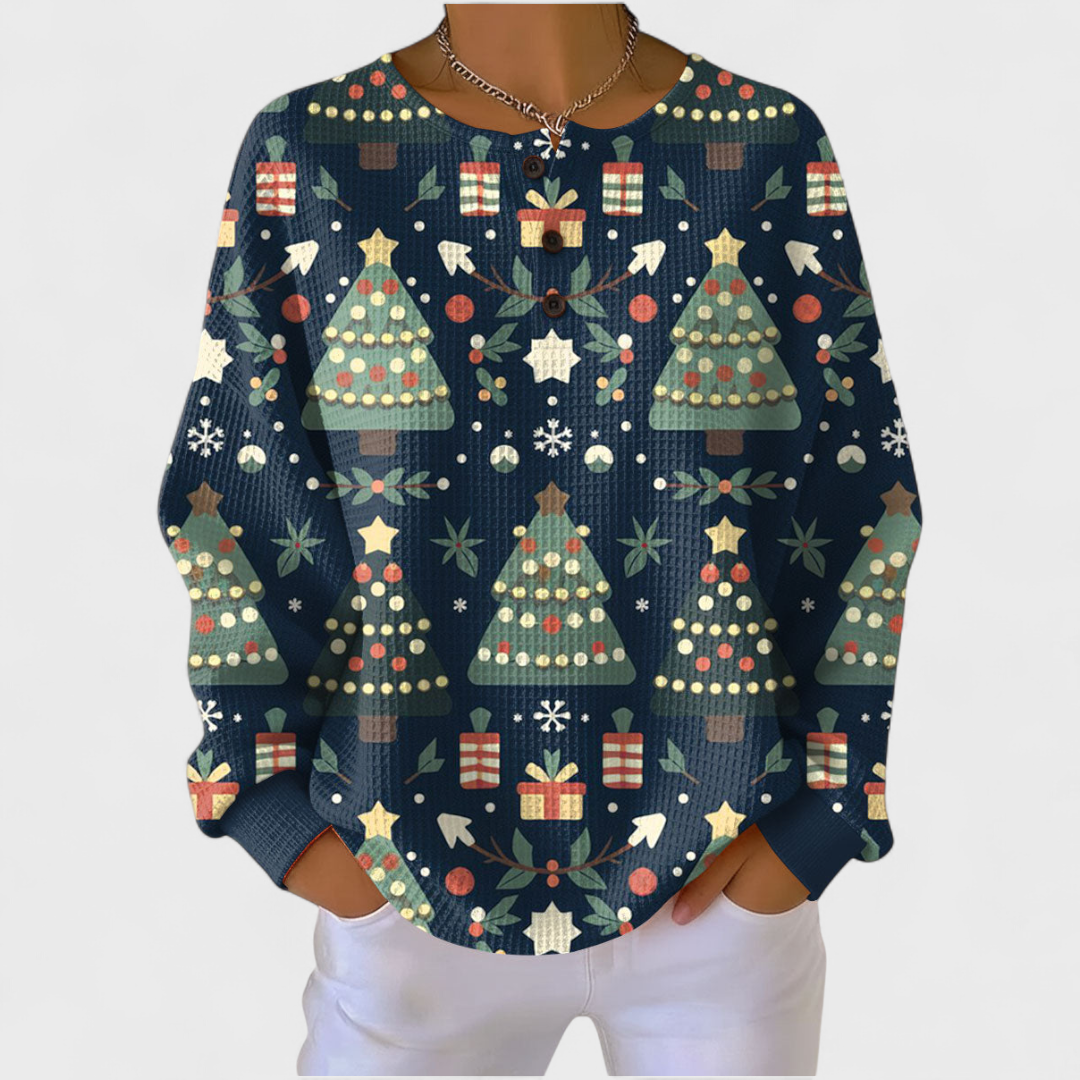 Dunkelblauer Pullover mit Weihnachtsmotiv, Rundhalsausschnitt und Knopfleiste