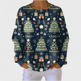 Dunkelblauer Pullover mit Weihnachtsmotiv, Rundhalsausschnitt und Knopfleiste