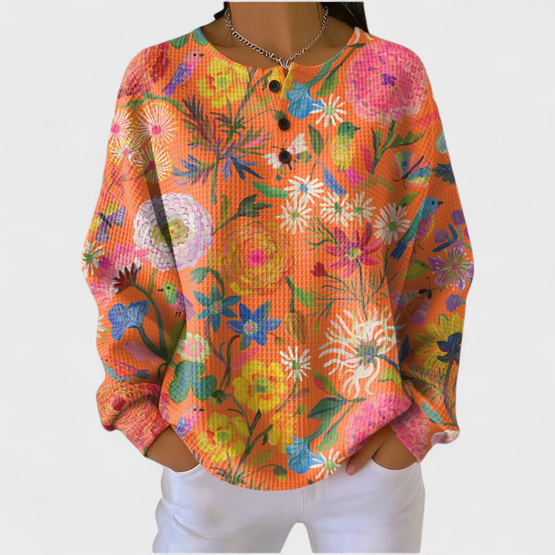 Bunter Pullover mit Blumenmuster, Rundhalsausschnitt, lange Ärmel und Knopfleiste