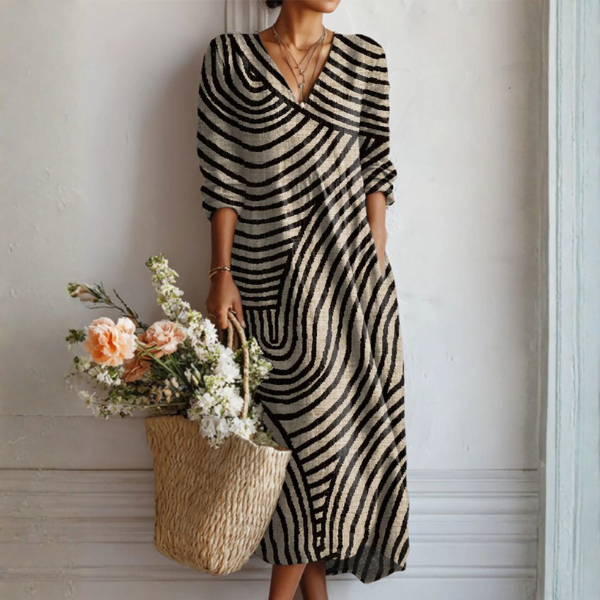 Midi-Kleid mit grafischem Wellenmuster, V-Ausschnitt, 3/4-Ärmel und Midilänge