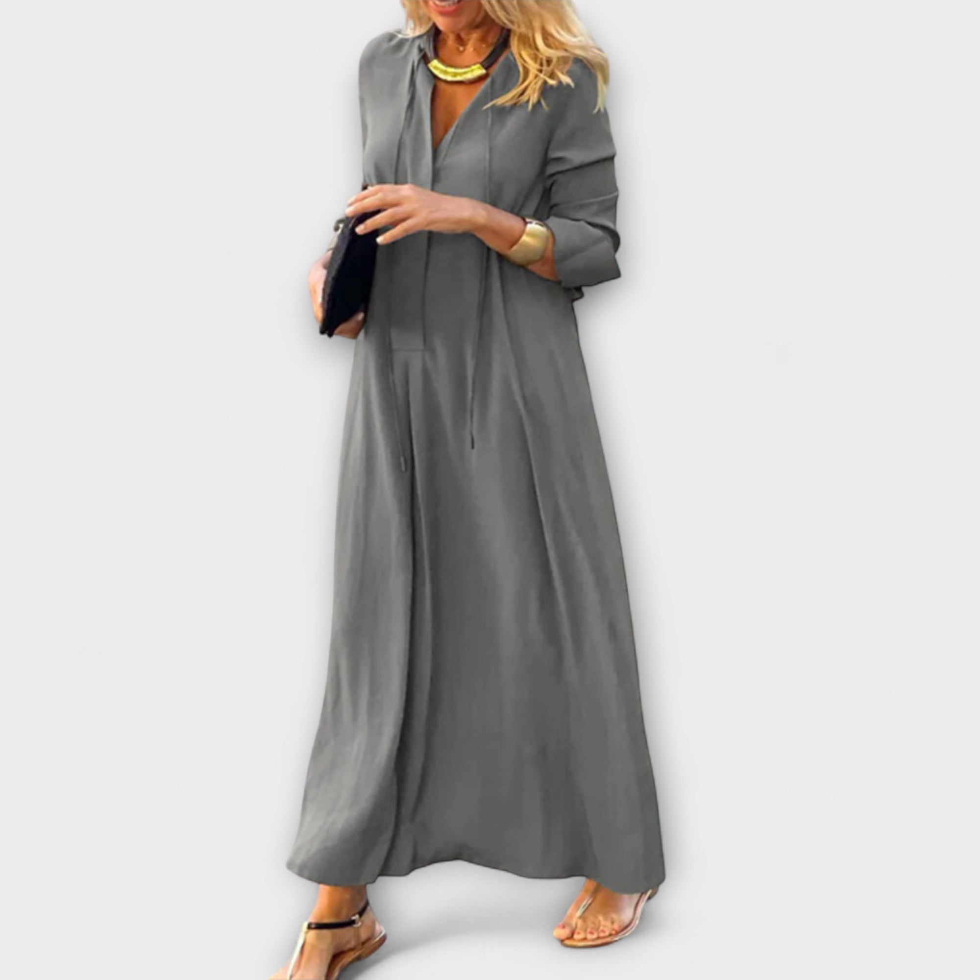 Bequemes Maxikleid mit V-Ausschnitt, langärmlig, locker fallend, grau