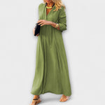Bequemes Maxikleid mit V-Ausschnitt, langärmlig, locker fallend, grün