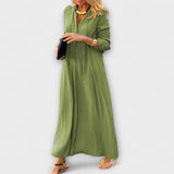 Bequemes Maxikleid mit V-Ausschnitt, langärmlig, locker fallend, grün