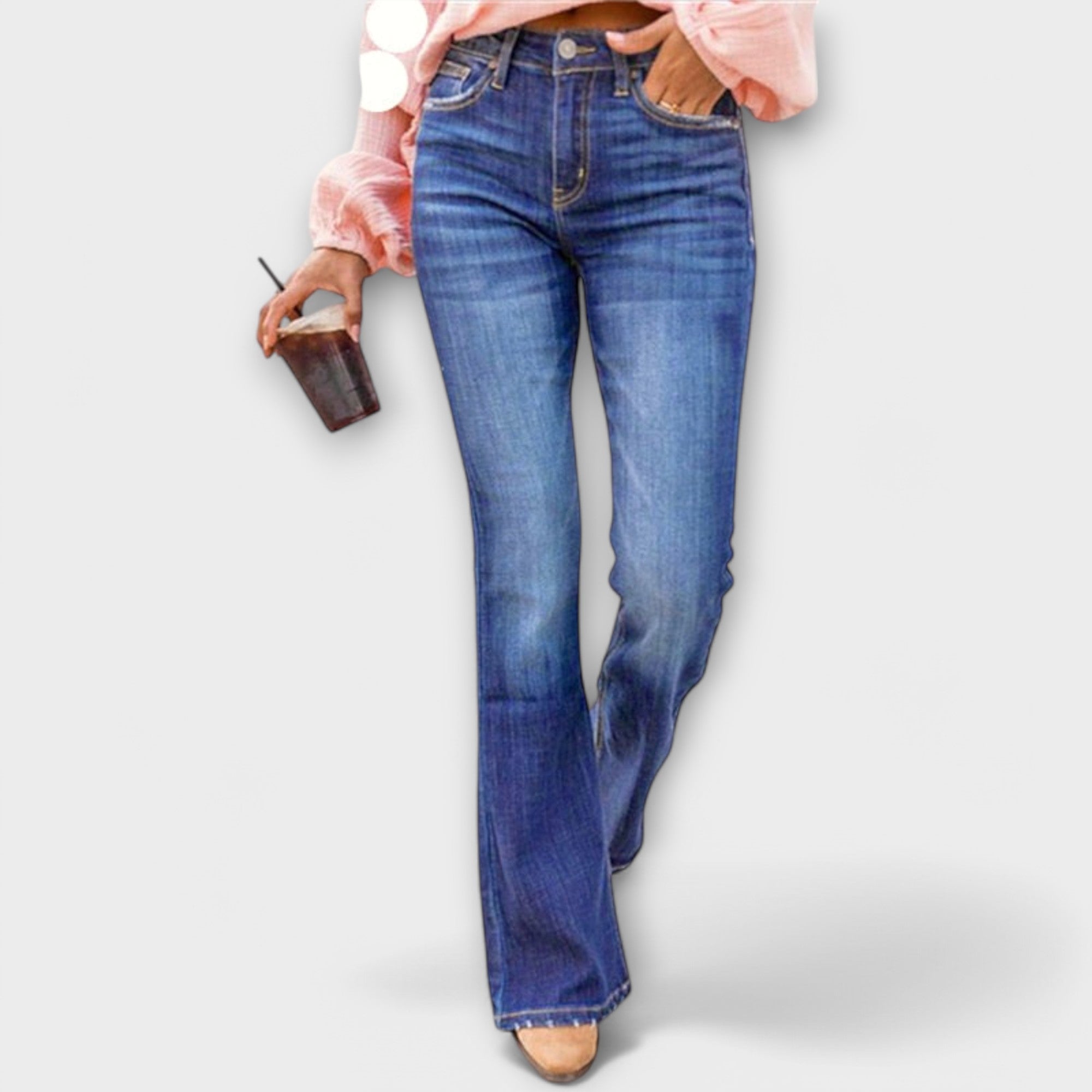 Blaue Stretch-Hose aus Denim, gerade schmale Passform, Knopf-Reißverschluss, 5-Pocket