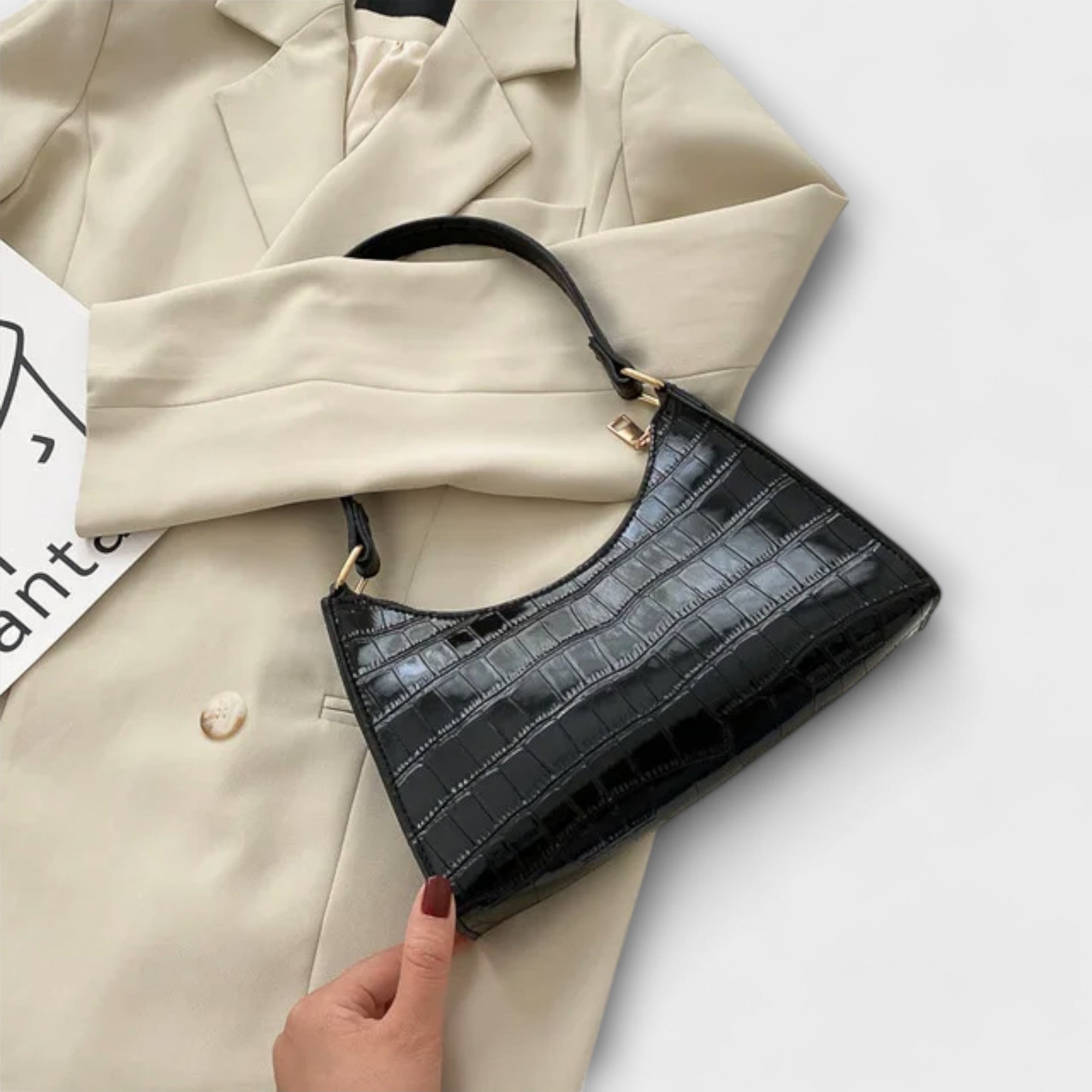 Ledertasche in Dunkelblau mit Krokoprägung, Schulterriemen, rechteckige Form