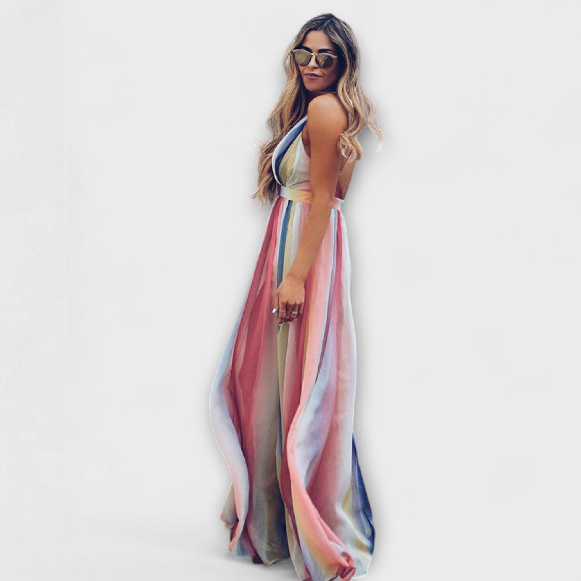 Mehrfarbig gestreiftes Maxikleid mit V-Ausschnitt, ärmellos, ausgestellter Rock