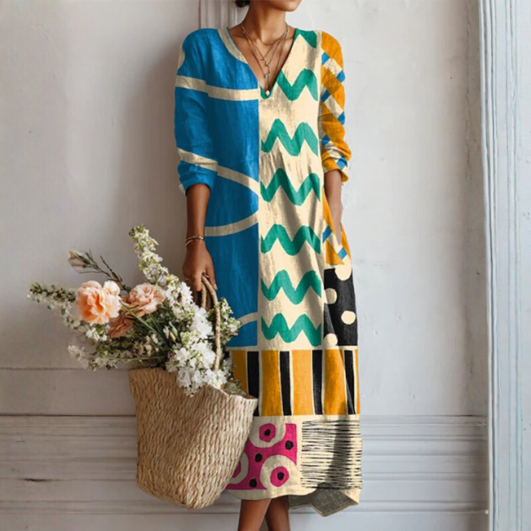Grafisches Midi-Kleid mit V-Ausschnitt, Farbblock-Design in Türkis, Creme und Grün