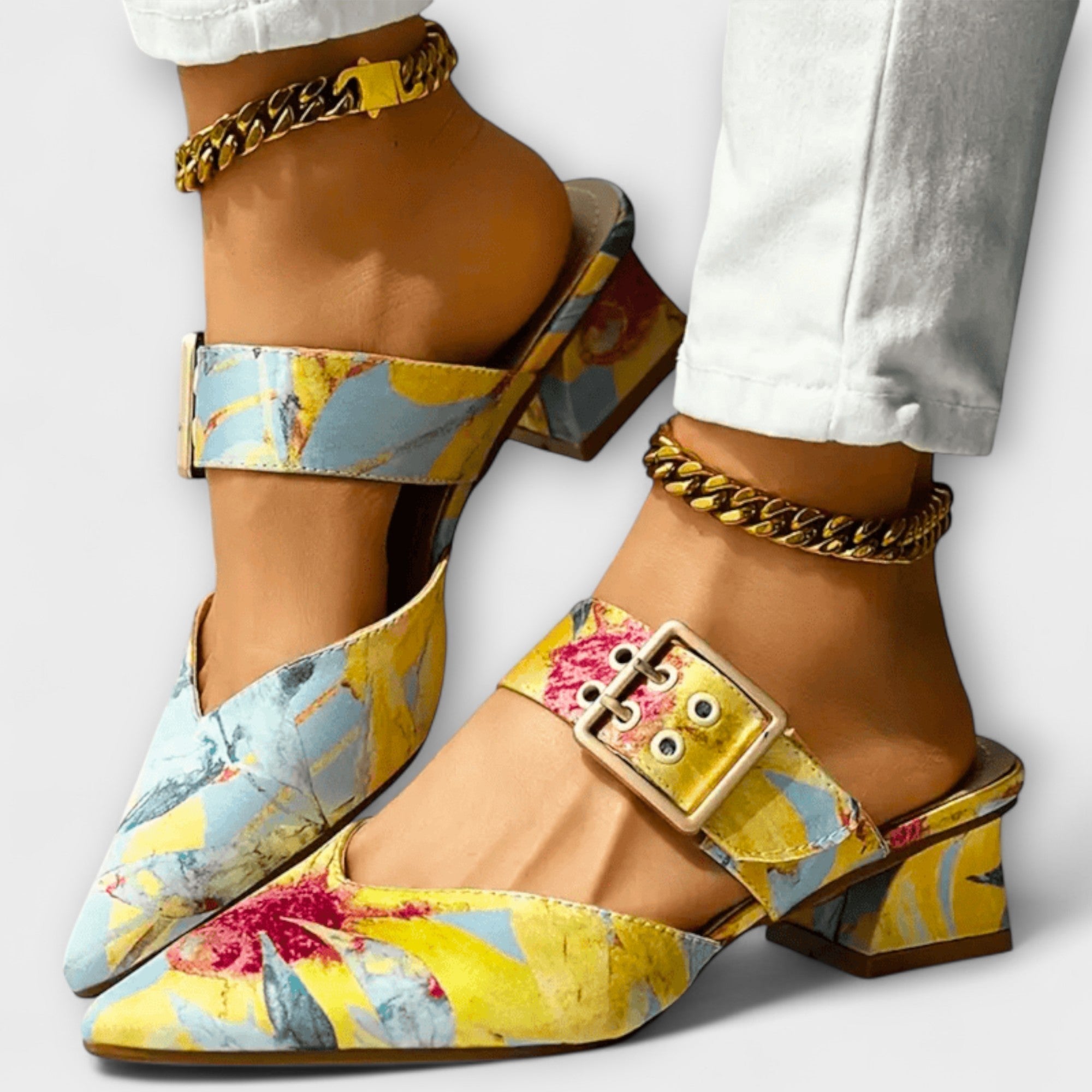 Gelb gemusterter Damen-Absatzschuh mit Blockabsatz, spitzer Spitze, Knöchelriemen mit Schnalle