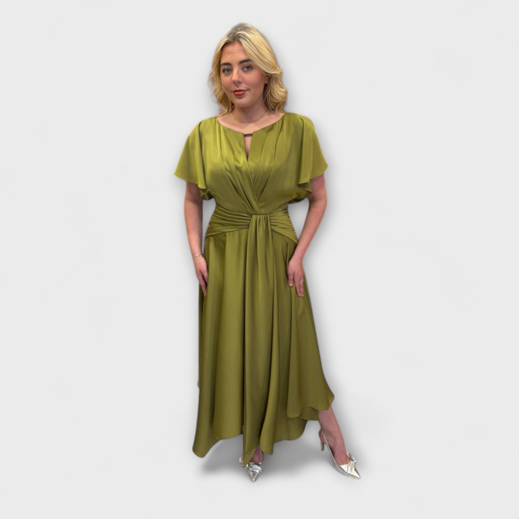 Drapiertes Rockkleid in Olivgrün mit Taillenschnürung, Kurzarm und asymmetrischem Saum
