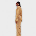 Maxi-Strickkleid in Beige mit langen Ärmeln und Pailletten-Dekor am Rock