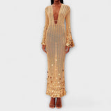 Maxi-Strickkleid in Beige mit V-Ausschnitt und langen Ärmeln, Paillettenbesatz