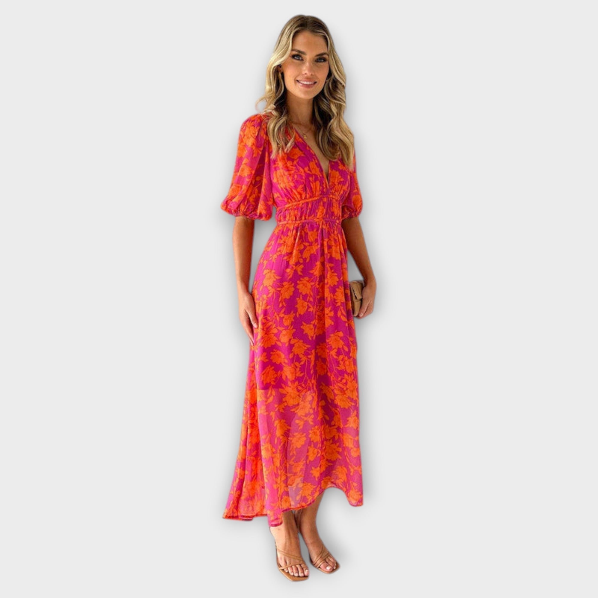 Midi-Kleid mit V-Ausschnitt und Puffärmeln, Blumenmuster, Taillenband