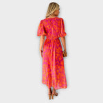 Midi-Kleid Rückansicht mit Blumenmuster und Puffärmeln, Taillenbund