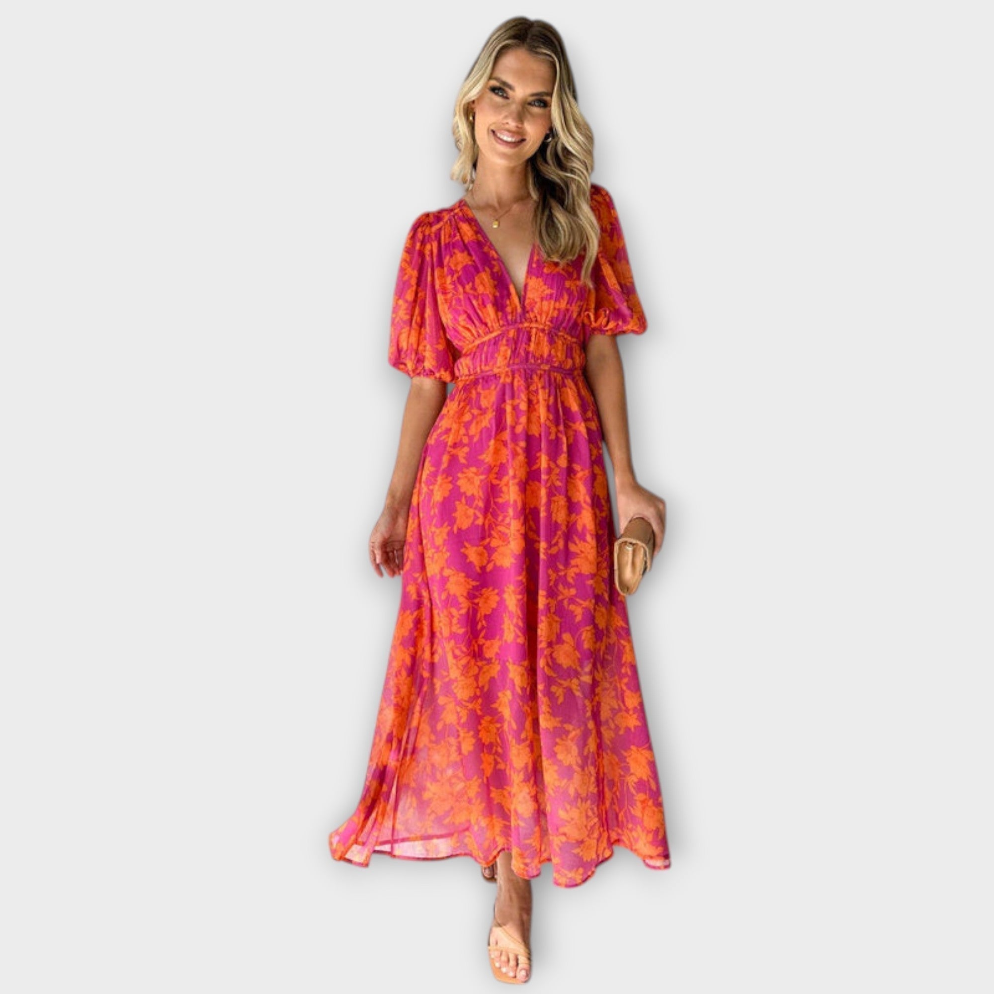 Midi-Kleid mit V-Ausschnitt, Puffärmeln und Blumenmuster, schwingender Rock