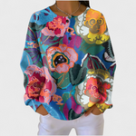Bunter Pullover mit großen Blumenprints, Rundhalsausschnitt, lange Ärmel