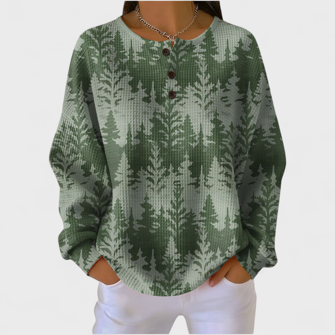 Grüner Sweatshirt mit Baum-Muster und Knopfleiste vorn