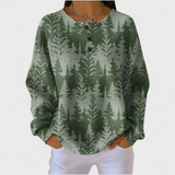 Grüner Sweatshirt mit Baum-Muster und Knopfleiste vorn