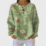 Grüner Pullover mit Weihnachtsbaum-Muster und Knopfleiste