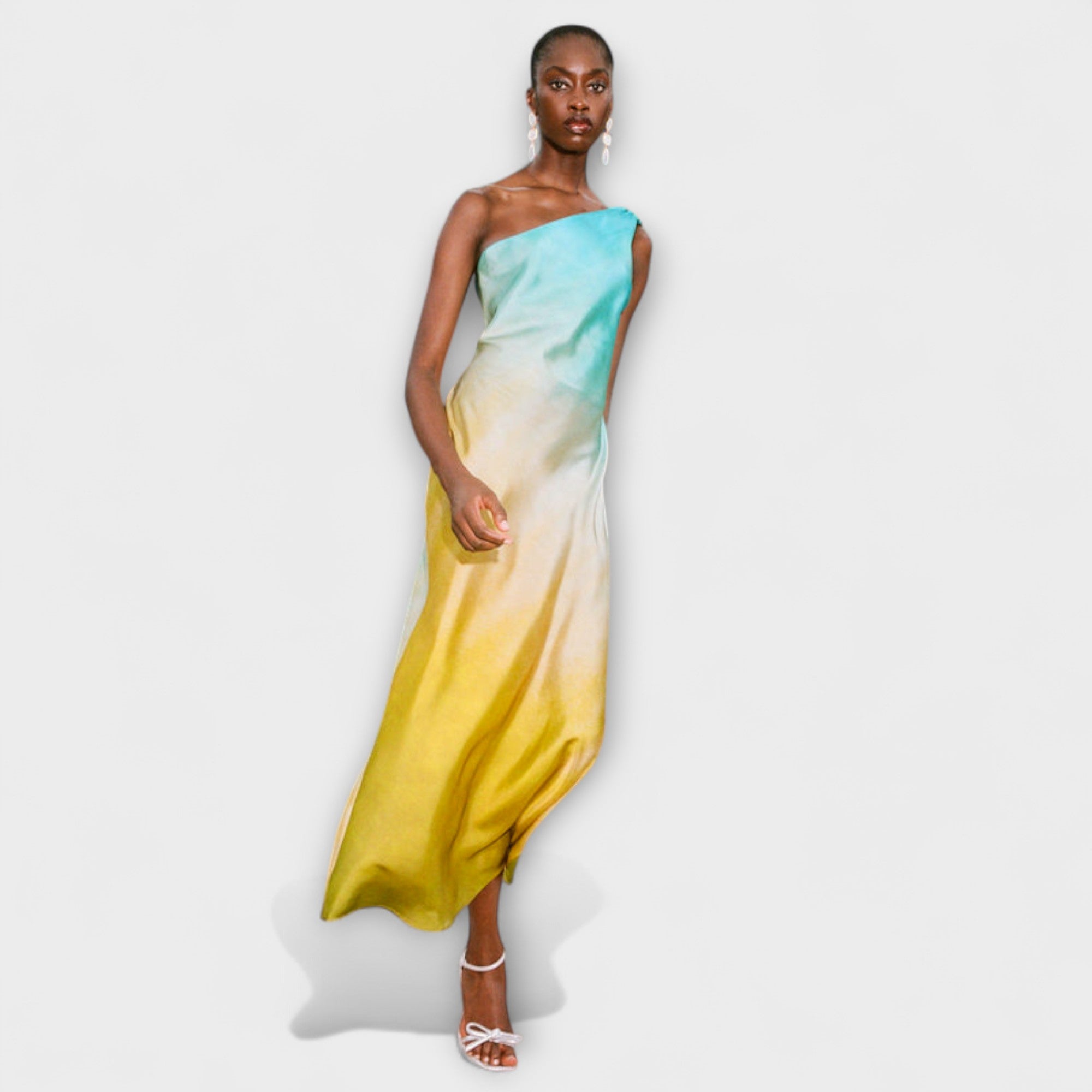 Ein-Schulter Midi-Kleid, Aquatürkis–Gelb Farbverlauf, schmale Trägerpartie vorn