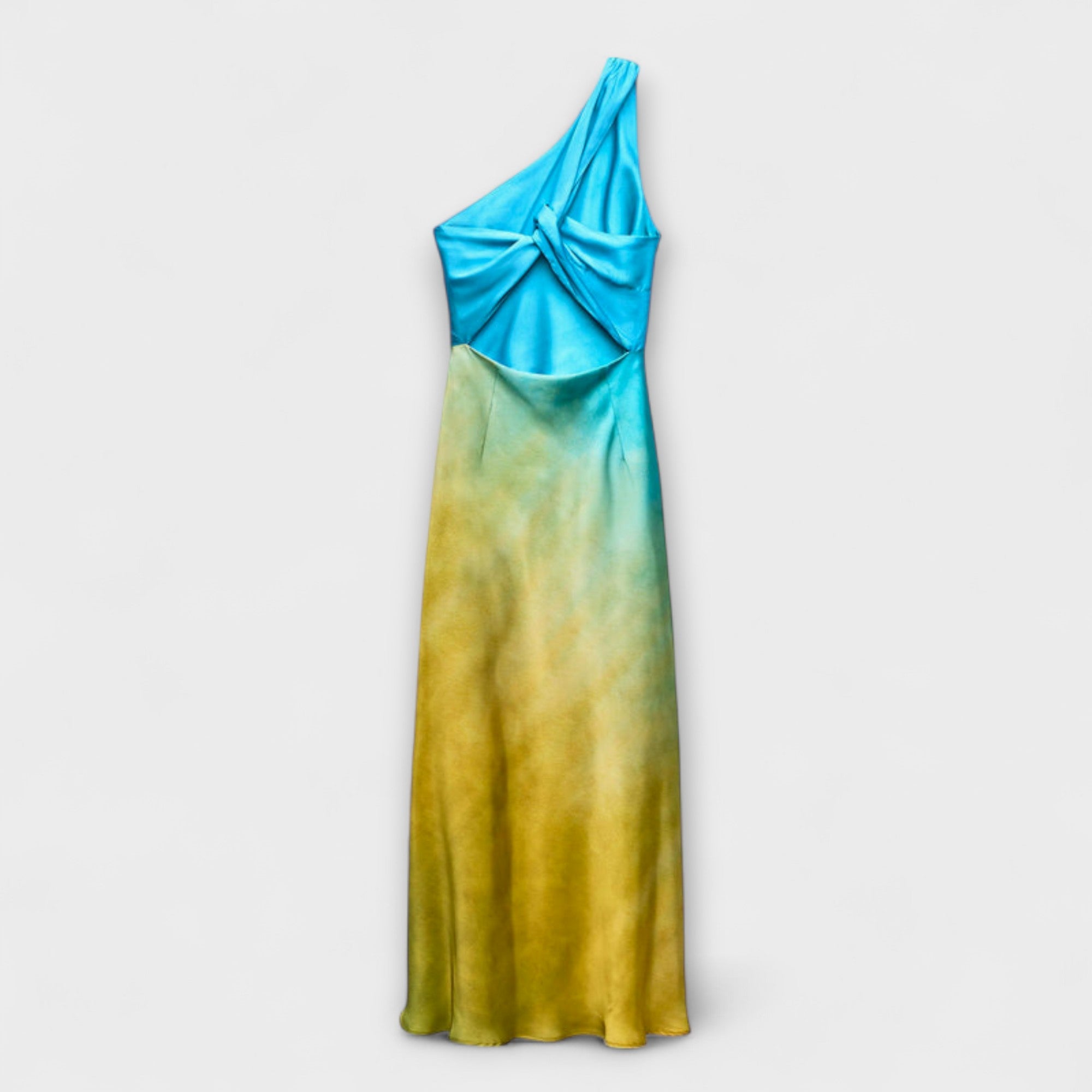 Ein-Schulter Midi-Kleid mit drapiertem Knoten an der Schulter, Aquatürkis–Gelb
