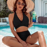 Figurformendes Bikini-Set in Schwarz, V-Ausschnitt und geraffte Hose im High-Waist-Schnitt