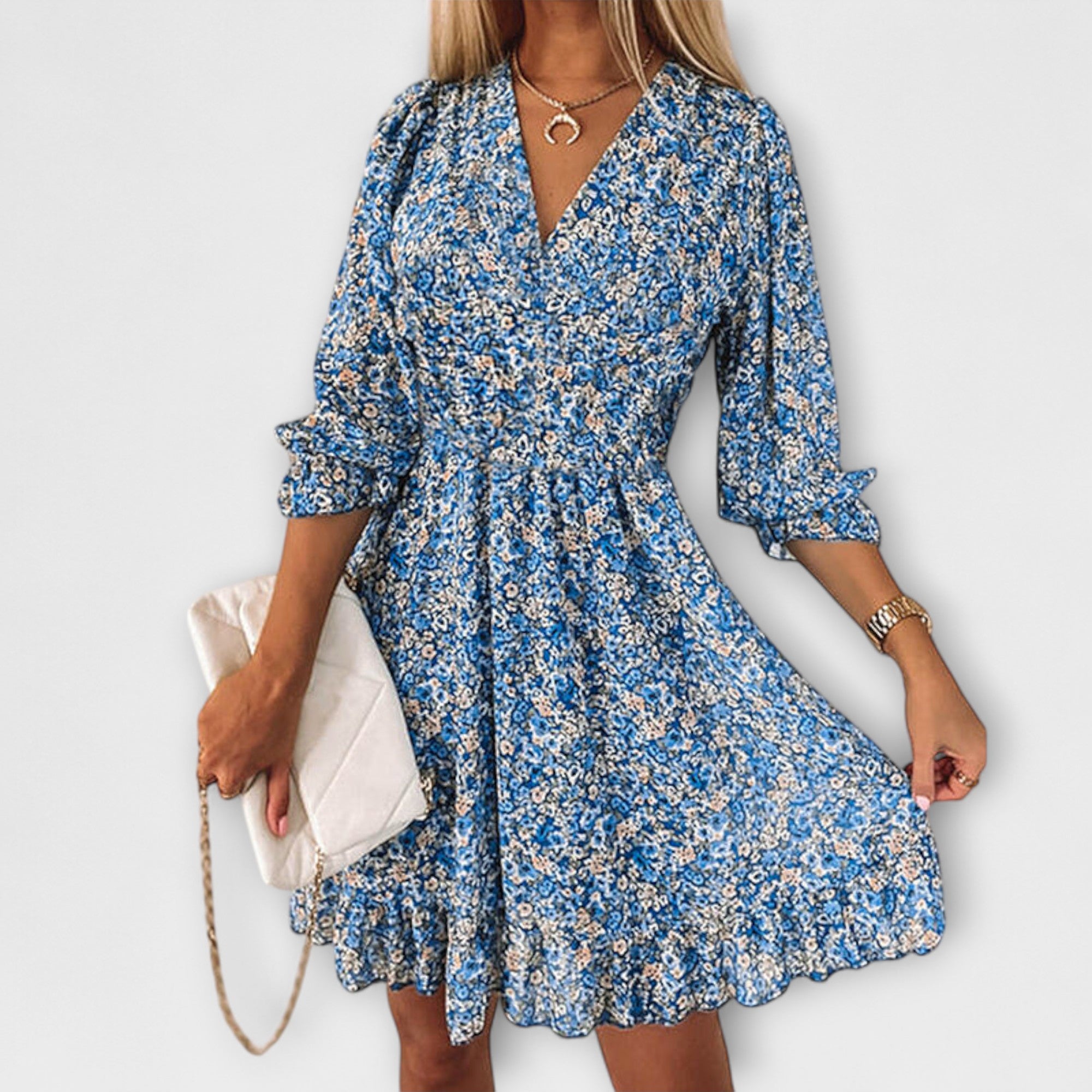 Damenkleid mit Puffärmeln, blaues Blumenprint, tiefer V-Ausschnitt, fließender Rüschenrock