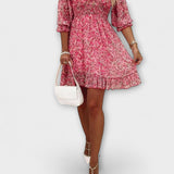 Damenkleid mit Puffärmeln, rosa Blumenprint, leicht ausgestellter Rüschenrock, knieumspielende Länge
