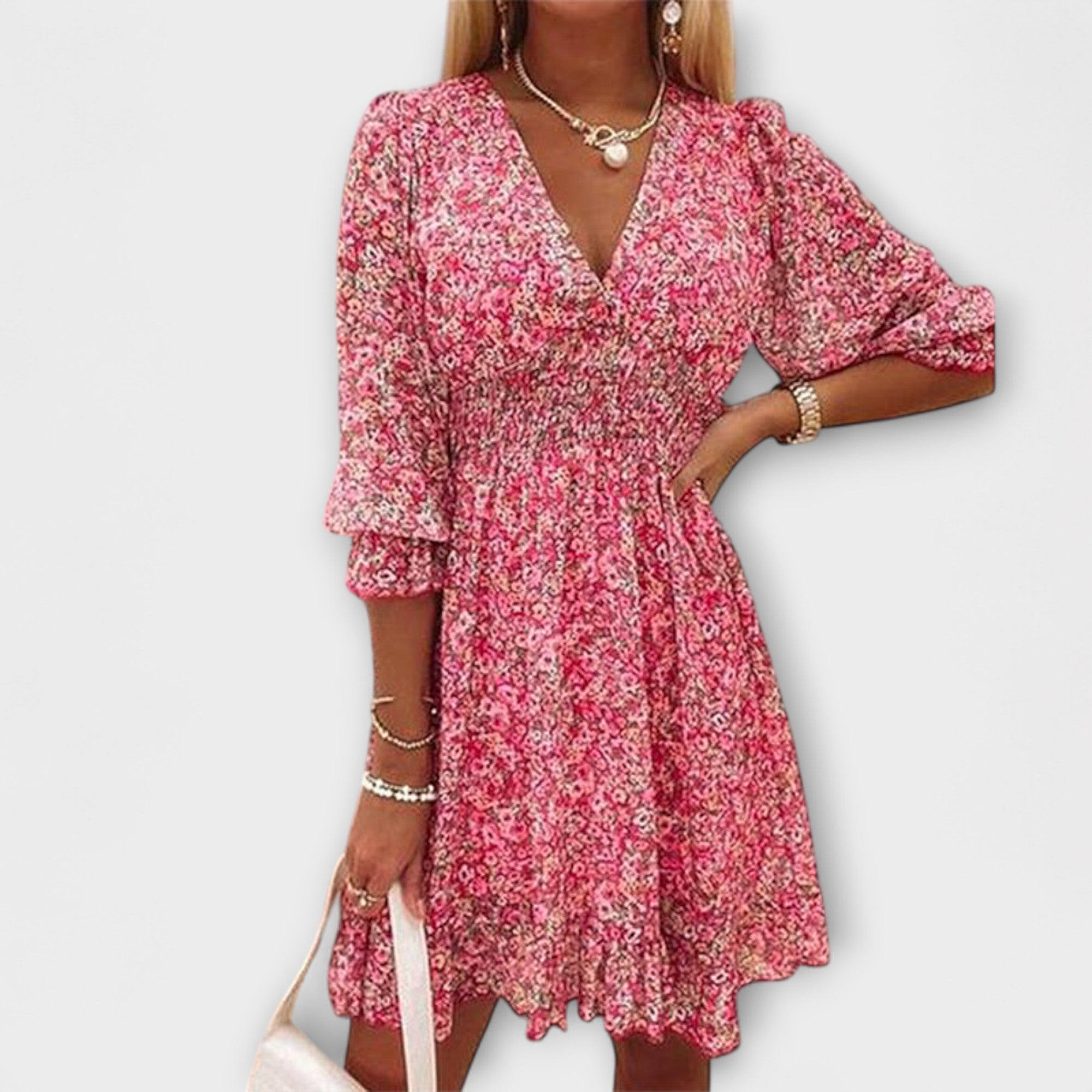 Damenkleid mit Puffärmeln, rosa Blumenmuster, V-Ausschnitt, geraffter Taille, ausgestellter Saum