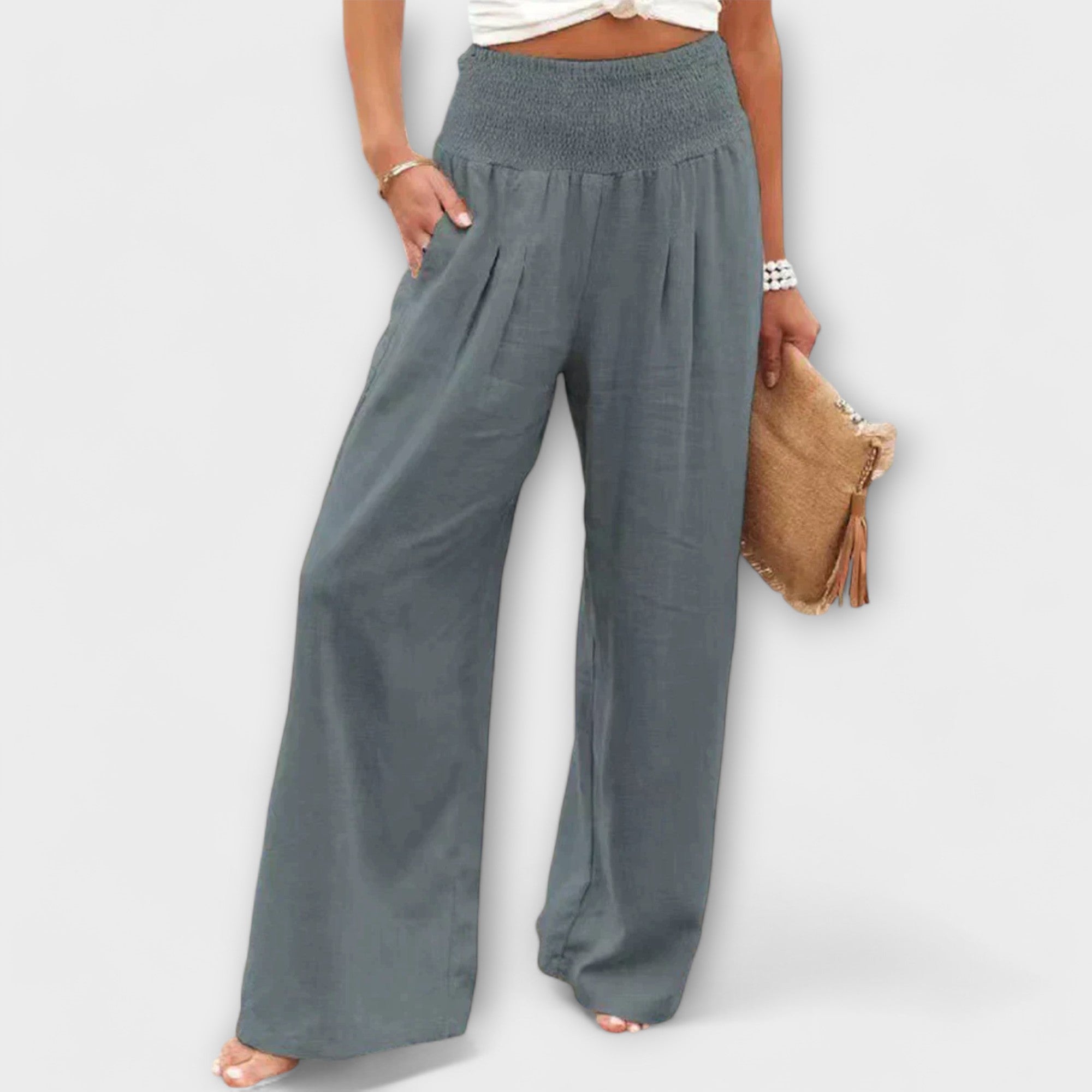 Graue Palazzo-Hose mit elastischem Bund und lockerem, weitem Bein