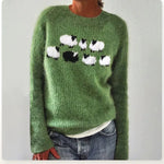 Pullover mit Rundhalsausschnitt, grünem Strick und aufgesetzten Schafmotiven