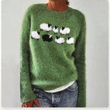 Pullover mit Rundhalsausschnitt, grünem Strick und aufgesetzten Schafmotiven