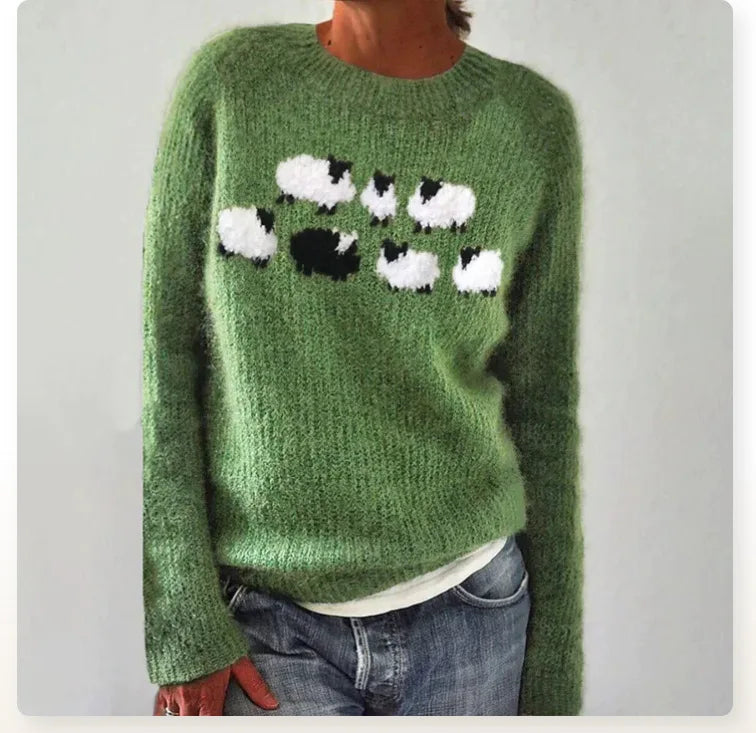 Pullover mit Rundhalsausschnitt, grünem Strick und aufgesetzten Schafmotiven