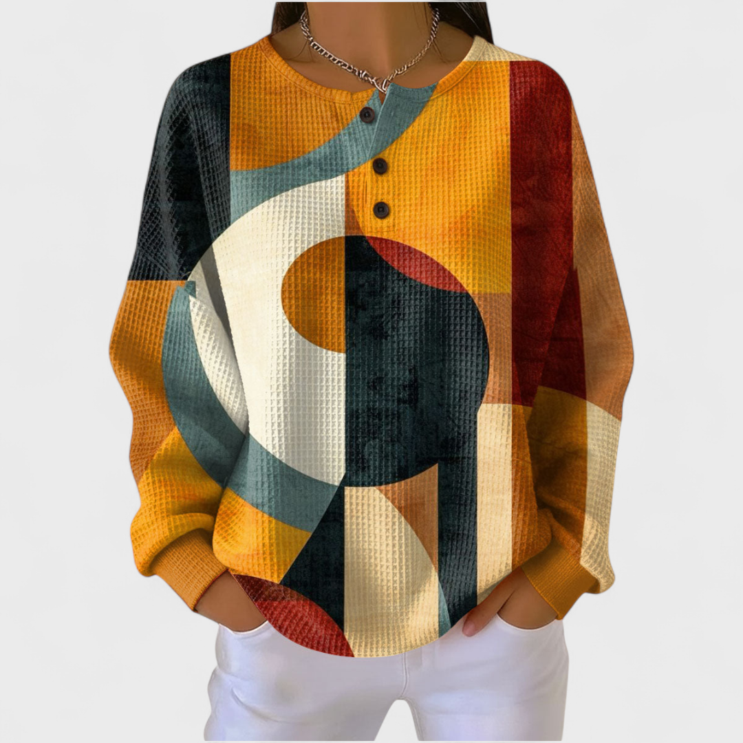 Pullover mit strukturiertem Material, orangefarbenes geometrisches Patchwork-Muster, Knopfleiste