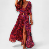 Wickel-Maxikleid in Rot mit Leopardenmuster, V-Ausschnitt, Halbarm, Bindegürtel, Schlitz