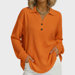 Damenpullover mit Knopfleiste und Kragen, orangefarbener Strick