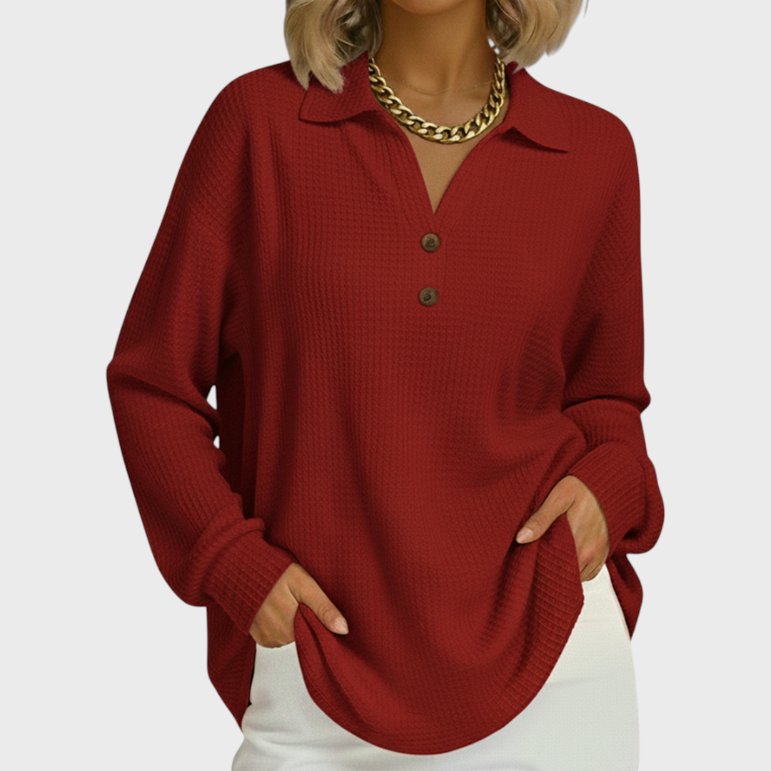 Damenpullover mit Knopfleiste und Kragen, rotbrauner Strick
