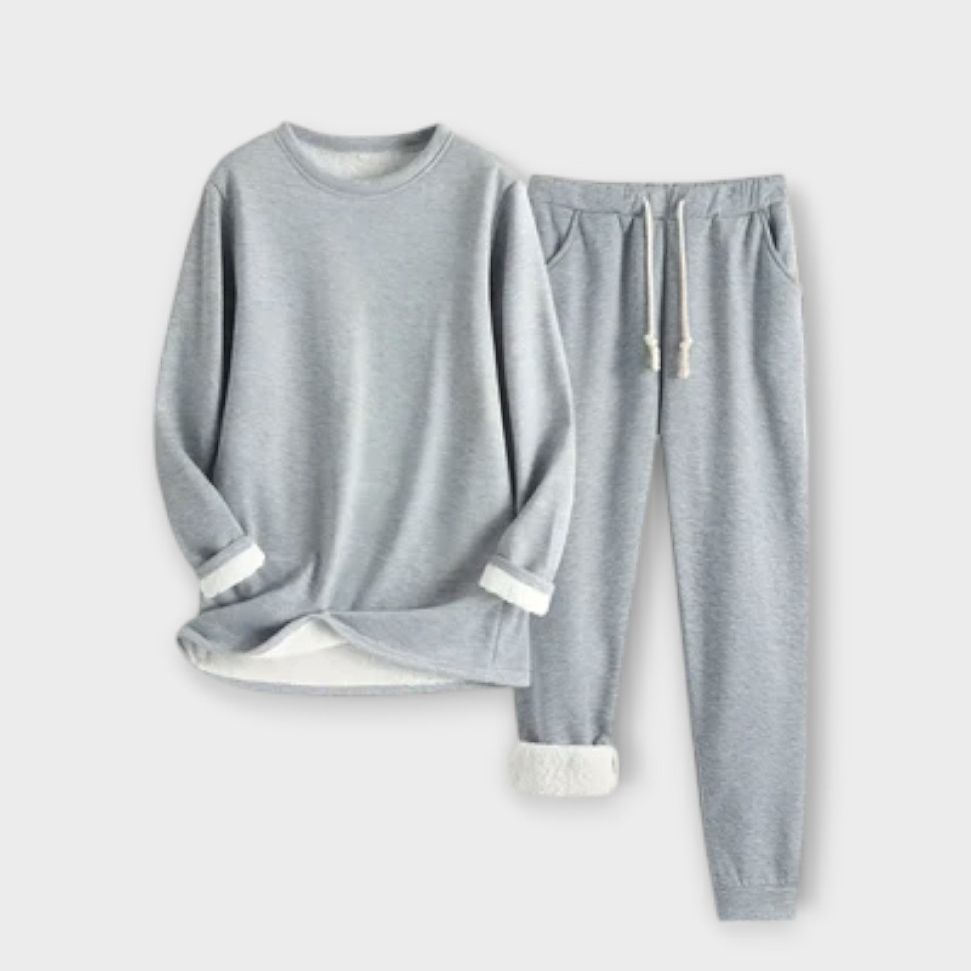 Hellgraues Thermo-Fleece-Set: Langarmshirt und Jogginghose mit Kordel