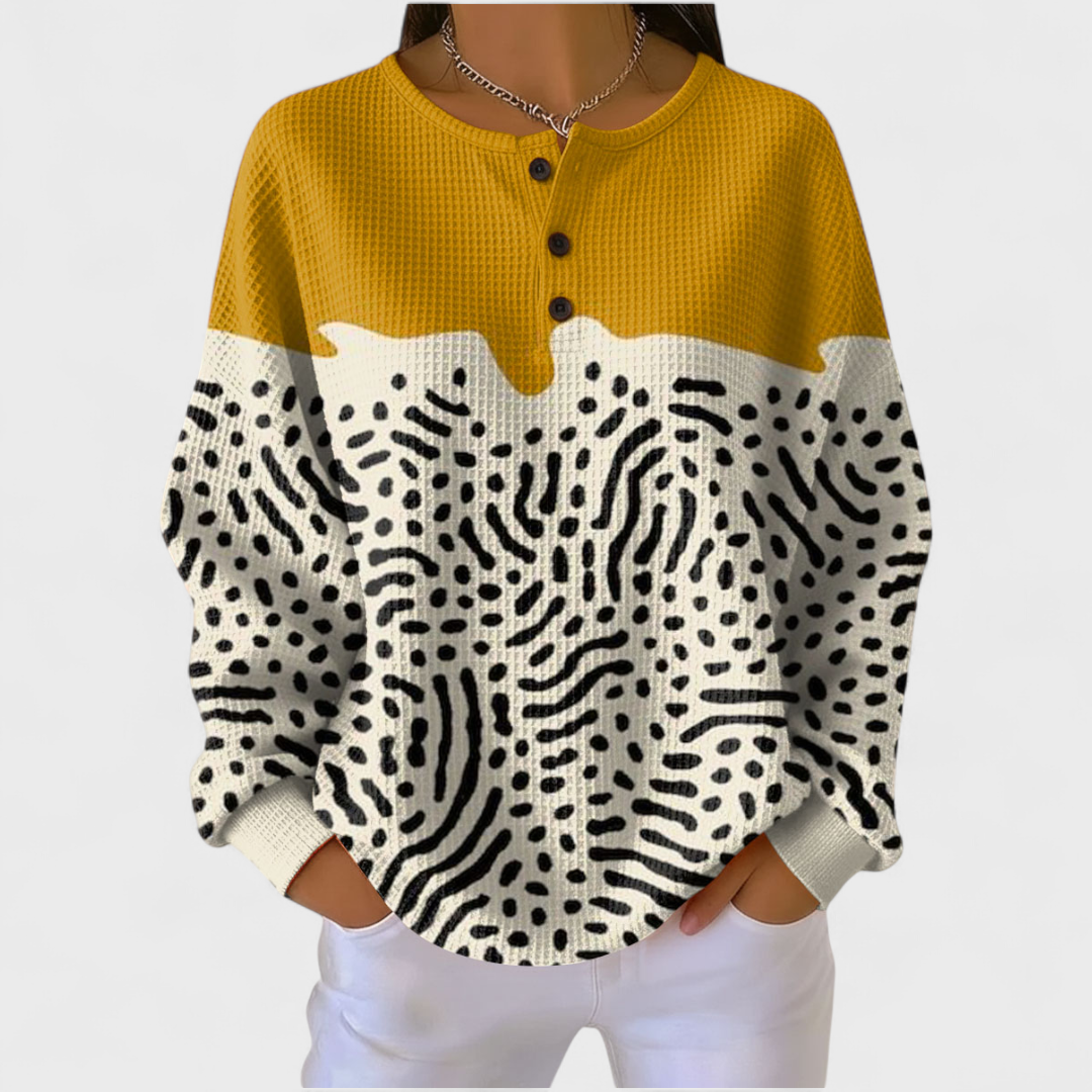 Longsleeve mit Knopfleiste, zweifarbig gelb und schwarz-weißem Zebra-Muster
