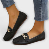 Schwarzer Lara-Slipper mit Metall-Zierschnalle und flachem Profil