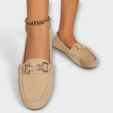 Beiger Lara-Slipper mit Metall-Zierschnalle, Lederoptik und sichtbarer Naht