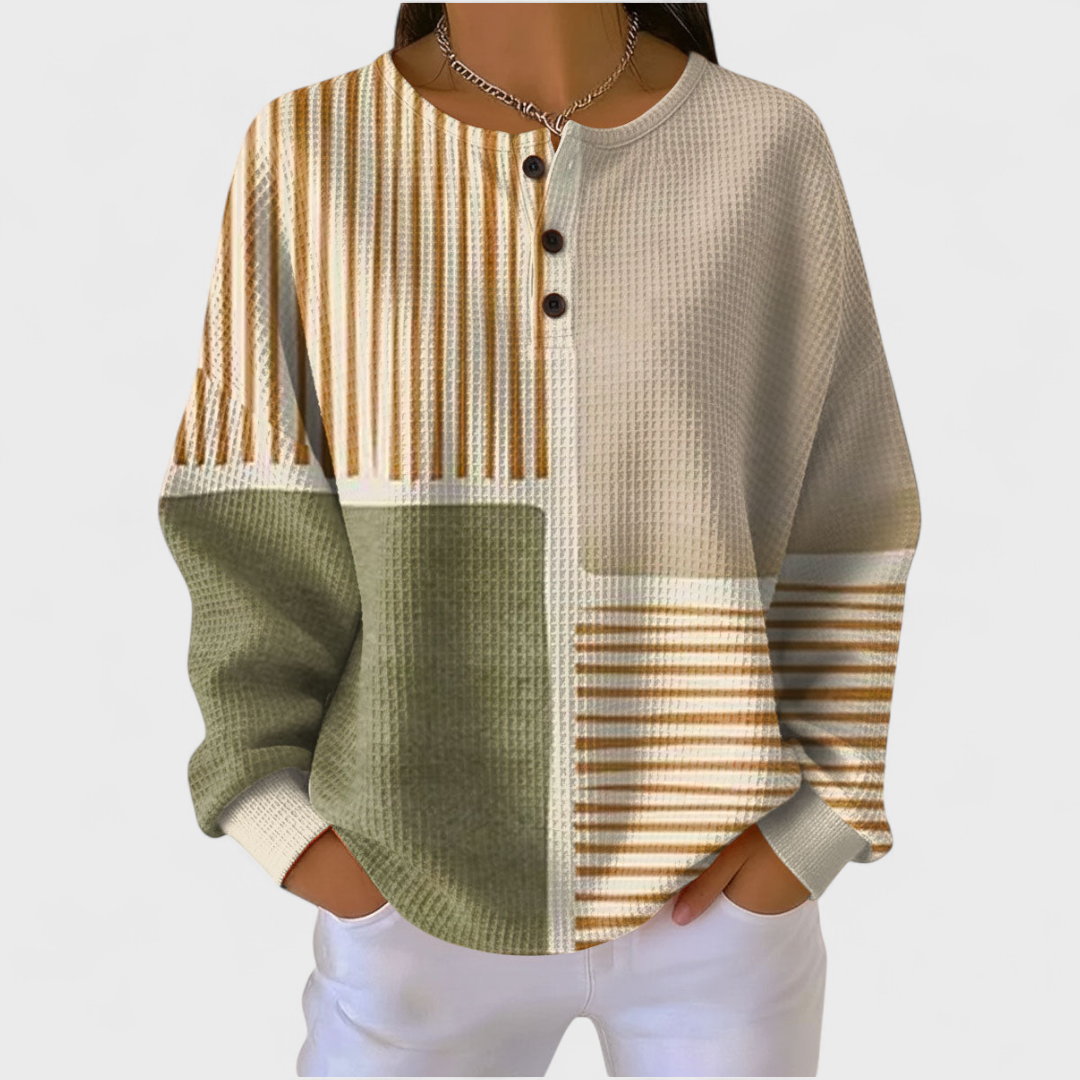Langarmshirt mit Knopfleiste, Colorblock mit Streifen in Creme, Grün und Ocker