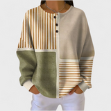 Langarmshirt mit Knopfleiste, Colorblock mit Streifen in Creme, Grün und Ocker