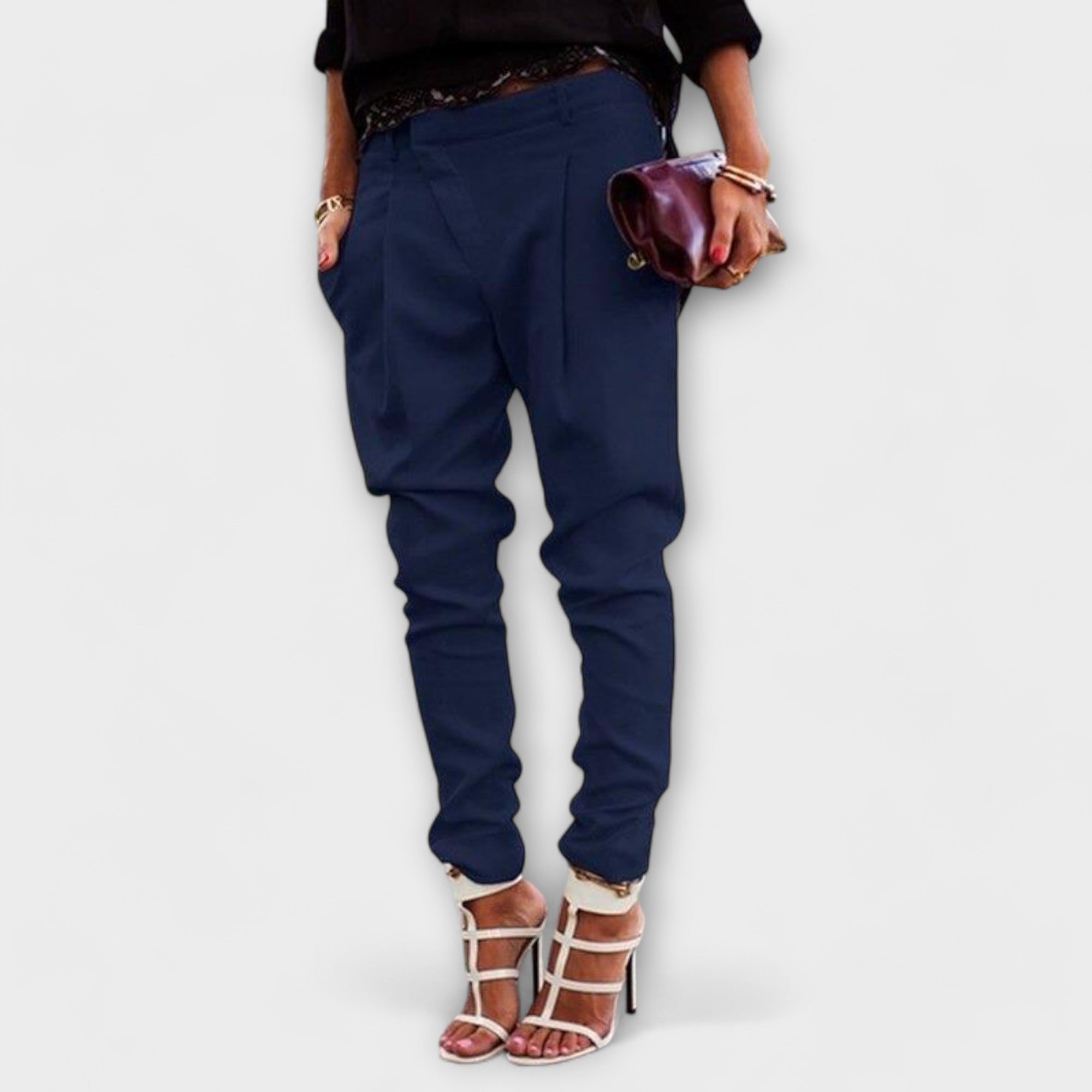 Elegante Hose mit schmalem Bein, Bundfalten, dunkelblau