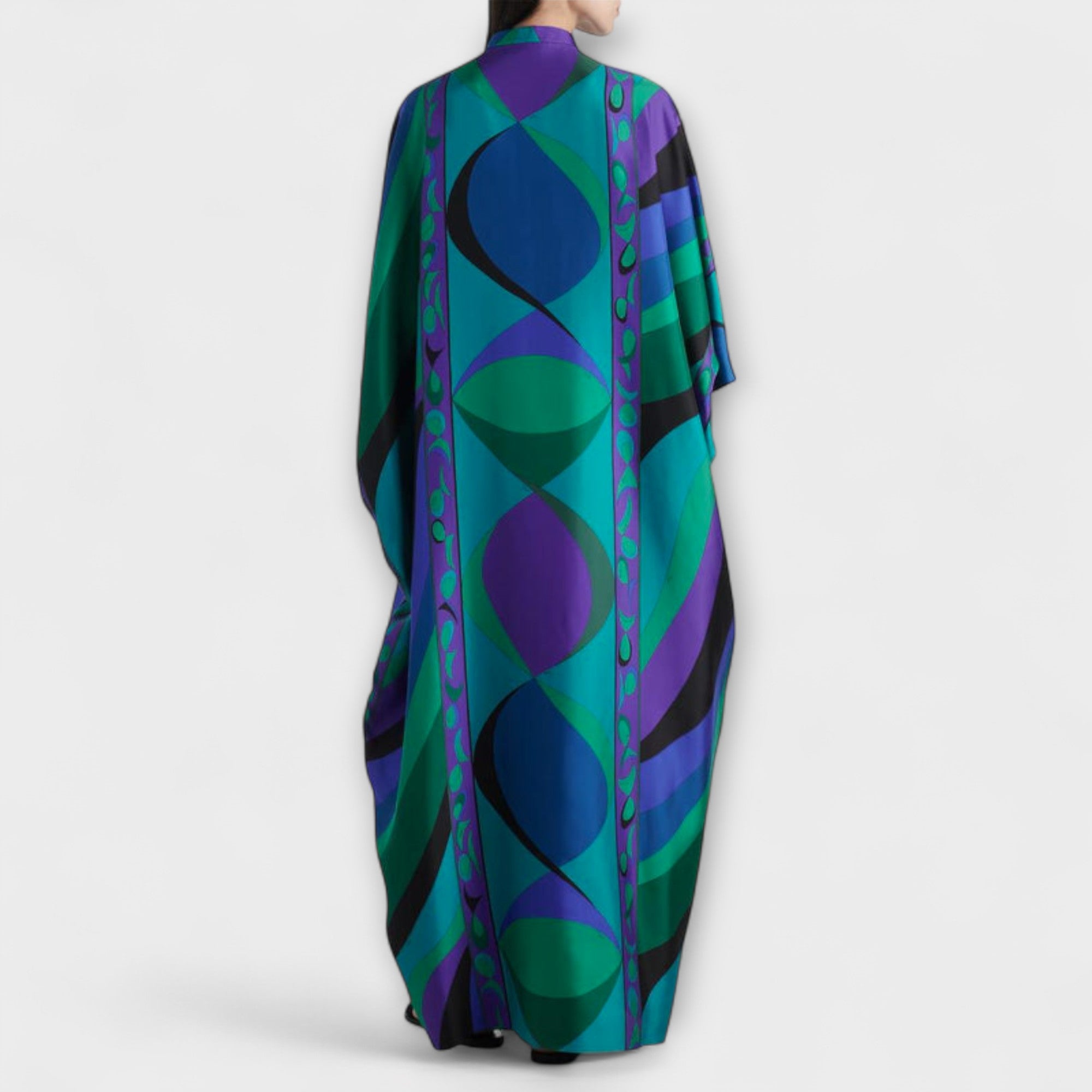 Harper Kaftan Rückansicht, weite Ärmel, Kreis-Print in Türkis, Blau, Grün & Lila