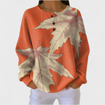 Orangefarbener Pullover mit abstraktem Blattmuster, lange Ärmel, Rundhalsausschnitt