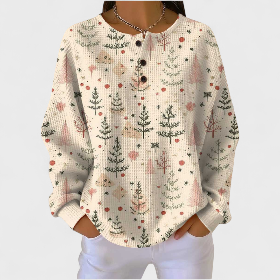 Langarmbluse mit Herbstprint, Knopfleiste und Rundhalsausschnitt