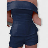 Zweiteiliges Set: schulterfreies Peplum-Oberteil und Shorts, dunkelblau