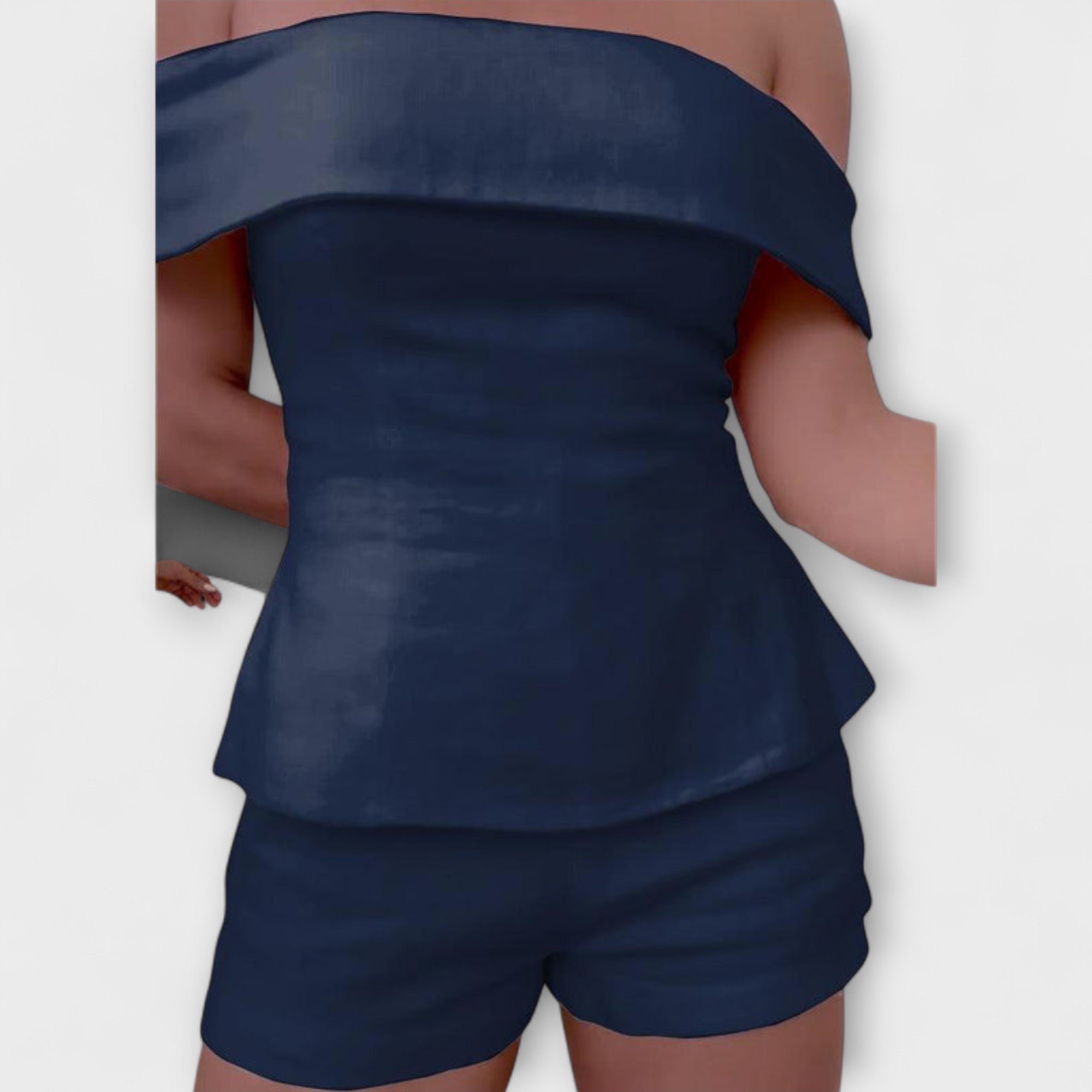 Zweiteiliges Set: schulterfreies Peplum-Oberteil und Shorts, dunkelblau