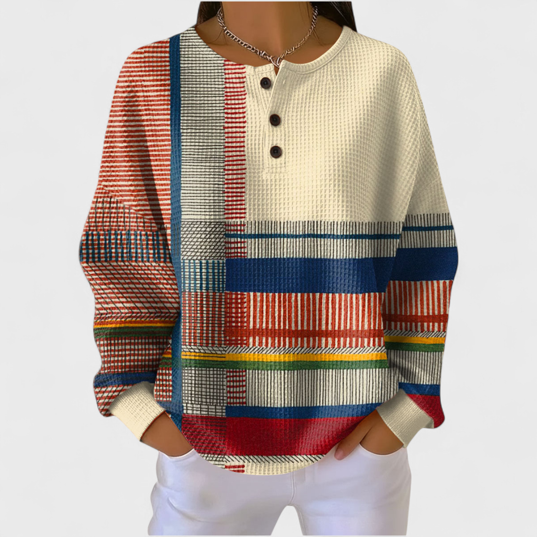 Bunter Strickpullover mit Knopfleiste, Mustermix in Blau, Rot, Beige