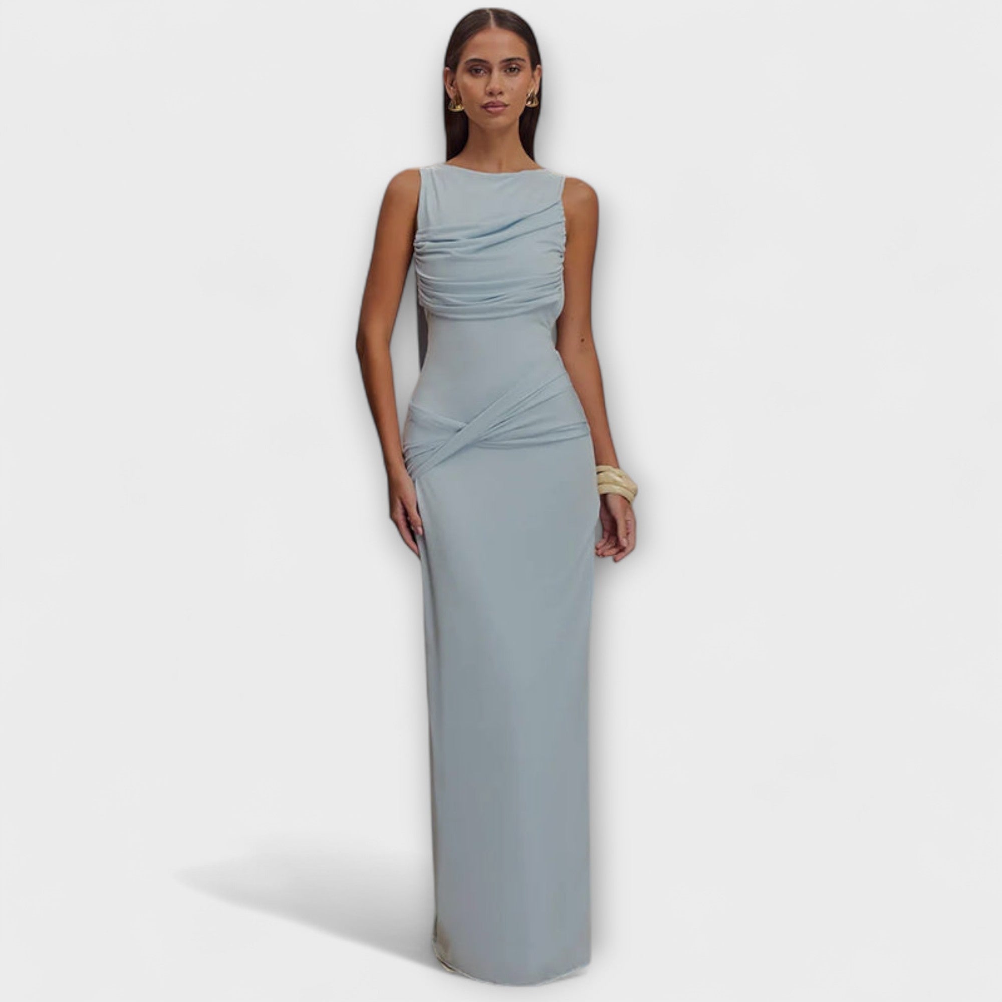 Blaues Maxikleid mit drapiertem Oberteil, ärmellos, langer Schnitt